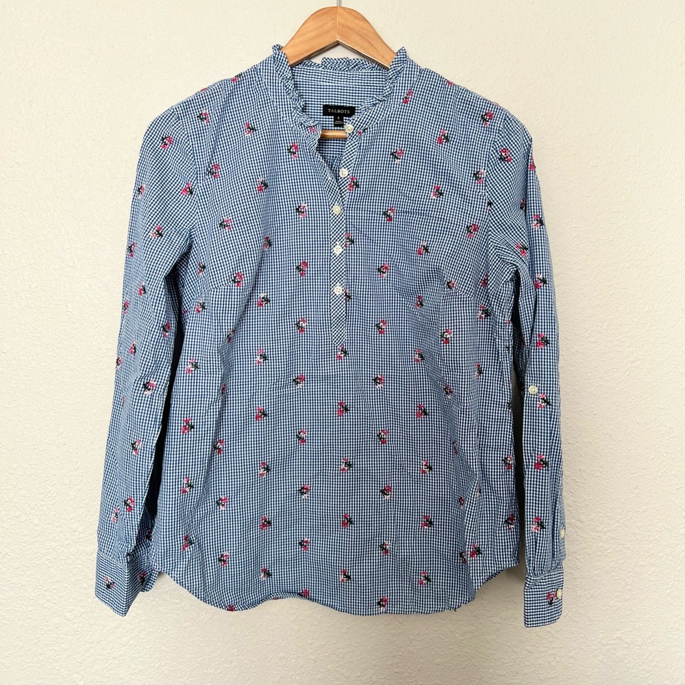 Talbots Gingham Embroidered Floral Long Sleeve Shirt Top Cotton Small
